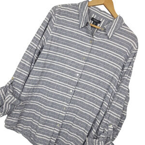Jones & Co New York Womens Linen Button-Up Shirt Large Long Sleeve Gray Striped